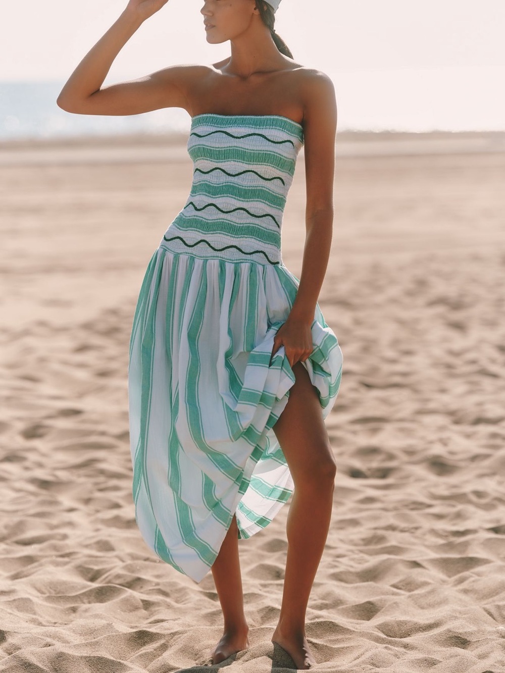 Strapless Green & White Striped Beach Dress